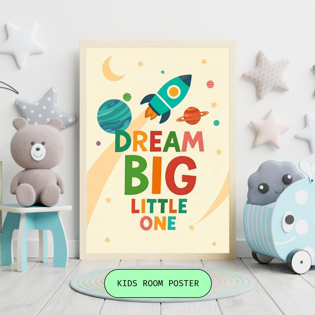 Dream Big Little One Kids Poster | Space Rocket Motivational Wall Art for Nursery | HeyyJunior