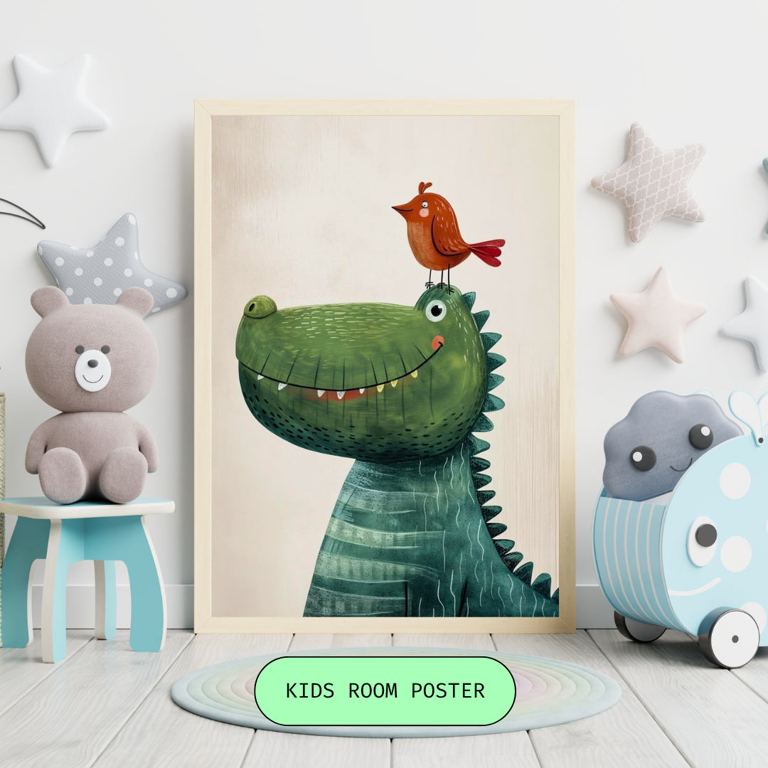 Cute Crocodile & Bird Kids Poster | Fun Animal Wall Art for Nursery & Playroom | HeyyJunior