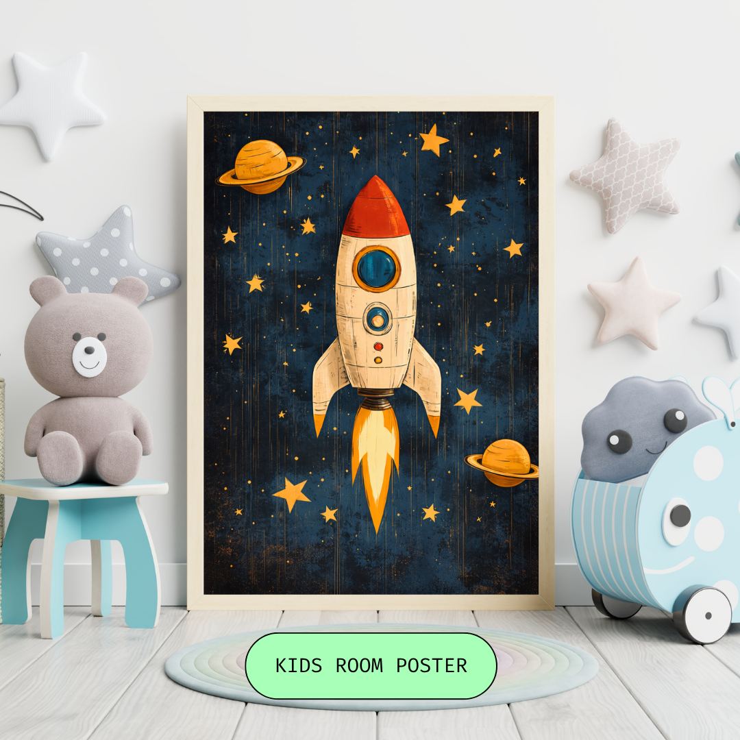 Vintage Rocket Kids Poster | Space Adventure Wall Art for Nursery & Playroom | HeyyJunior