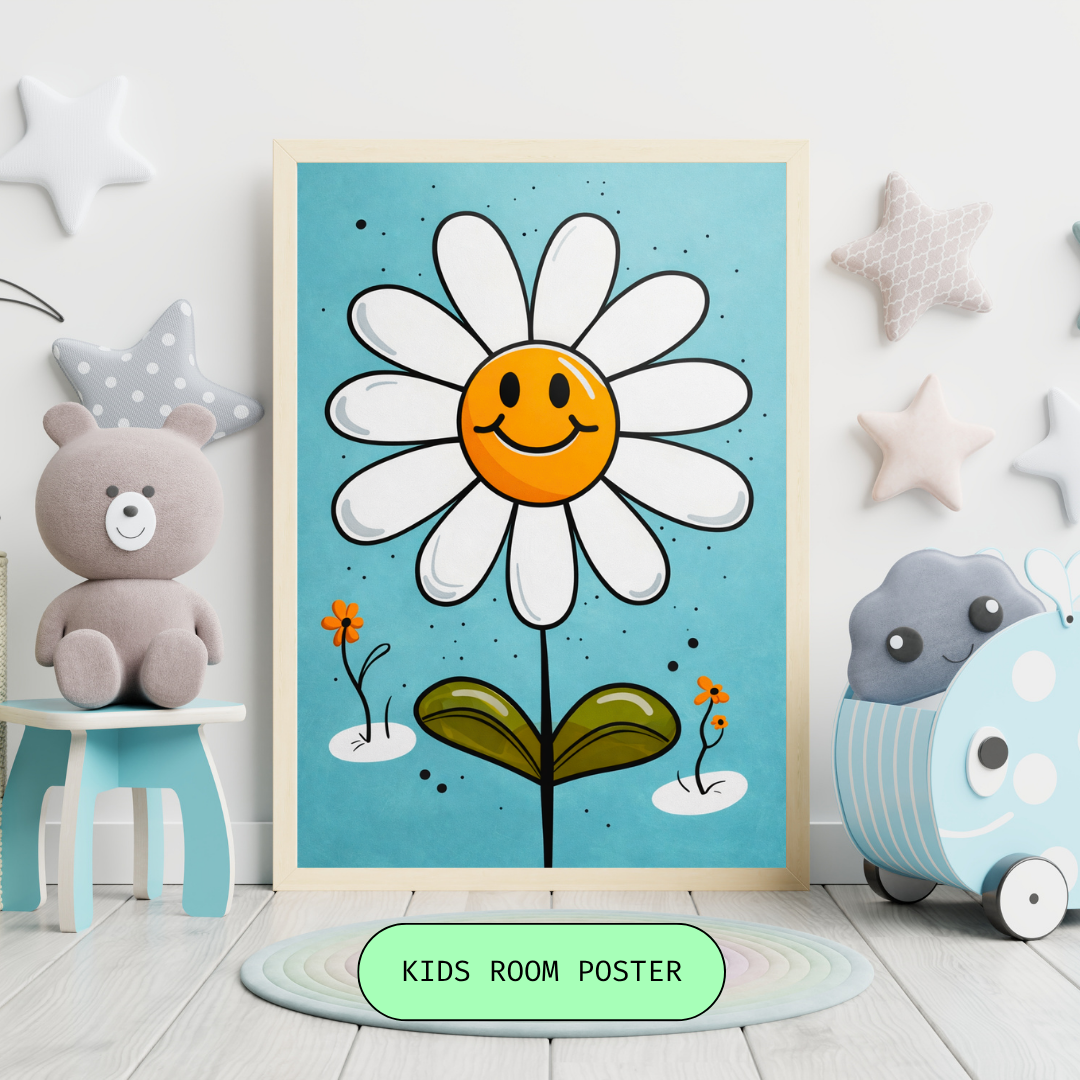 Cute Smiling Daisy Kids Poster | Blue Background Flower Wall Art for Nursery & Playroom