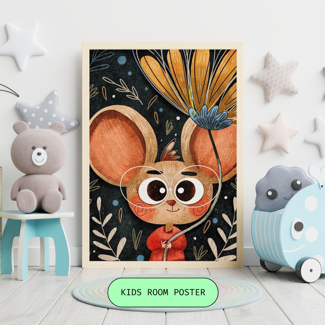 Cute Mouse Kids Poster with Flower | Whimsical Animal Wall Art for Nursery & Kids Room