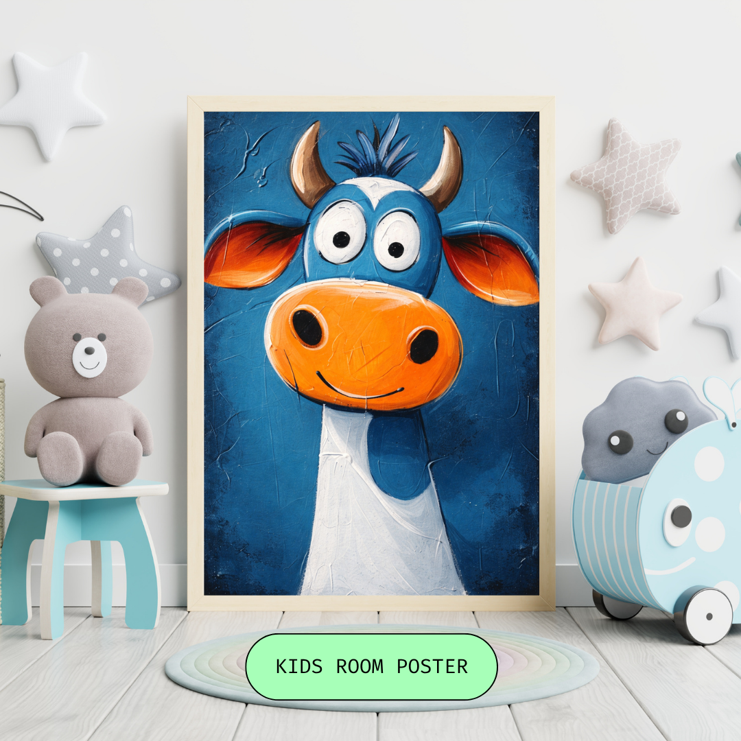 Cute Cartoon Cow Kids Poster | Funny Farm Animal Wall Art for Nursery & Playroom
