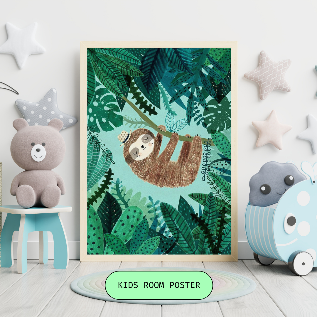Sleepy Sloth in the Jungle Framed Poster | Whimsical Kids Wall Art by Heyyjunior