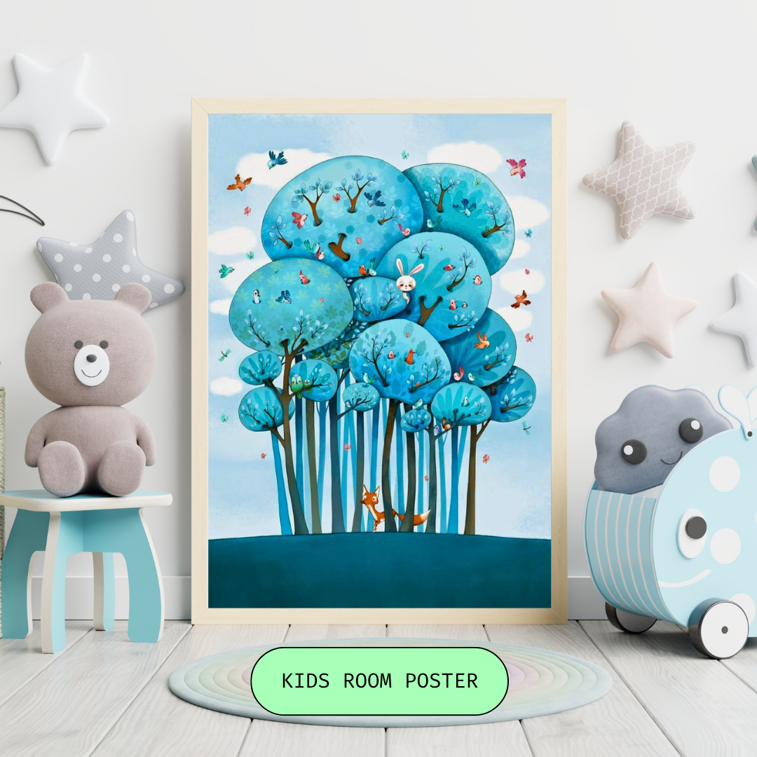 Enchanted Blue Forest Framed Poster | Whimsical Nature Art Wall Décor by Heyyjunior